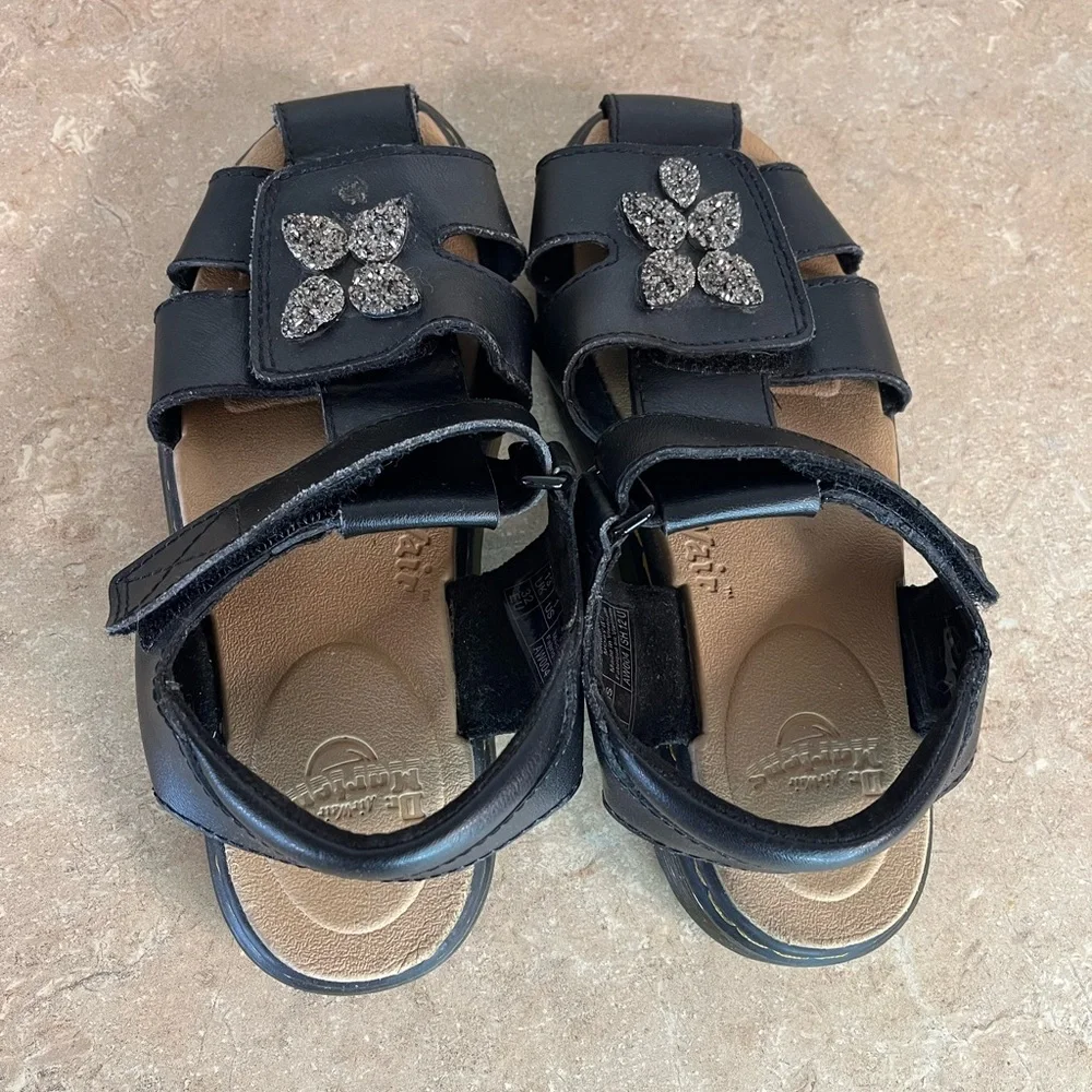 Kids Black Dr.Marten’s Glitter Flower Strap Sandals